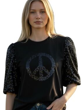 Umgee Black Sequin Peace Sign Top